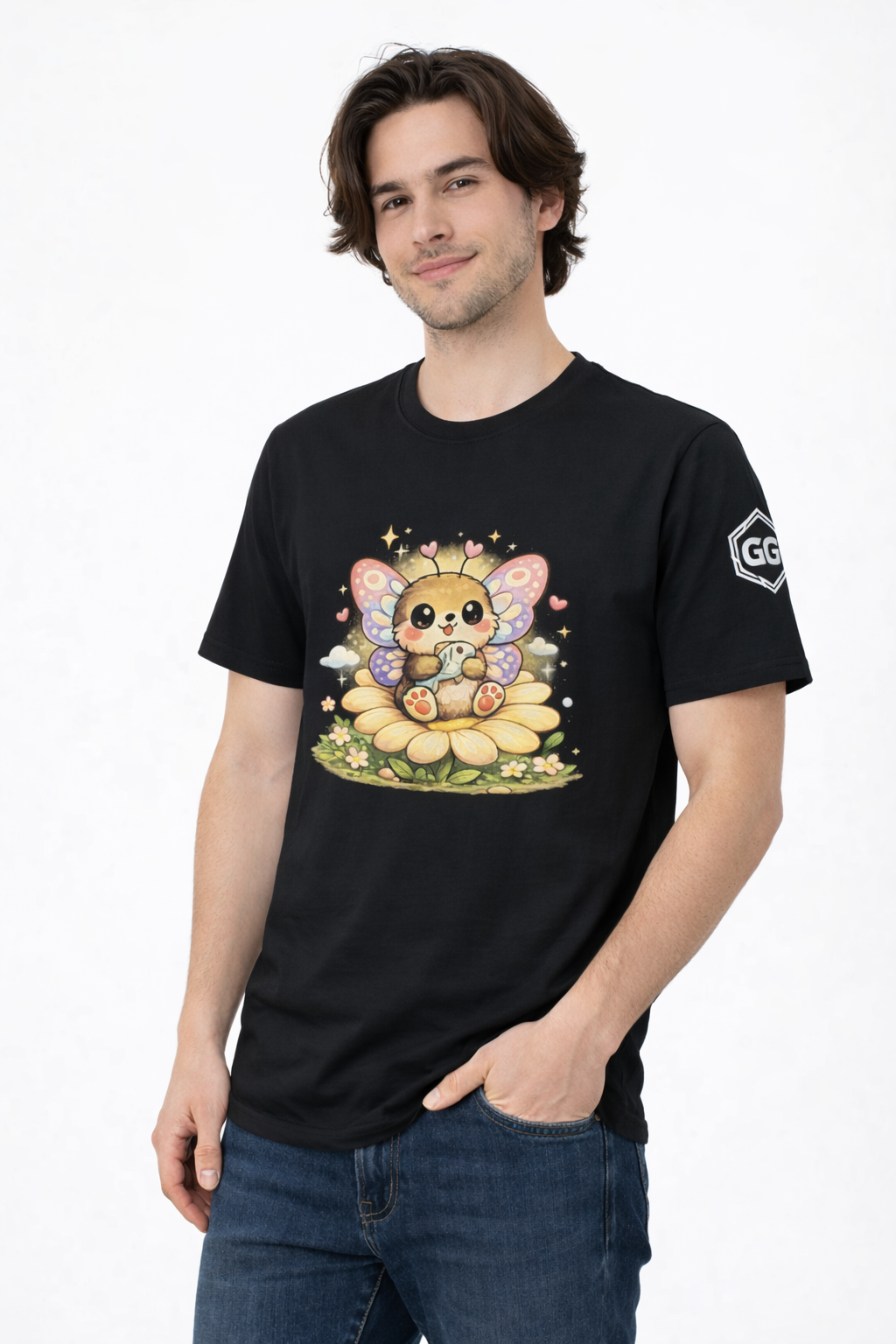 model:1:m | Butterfly & Flowers T-Shirt – Model photo in Black – Man