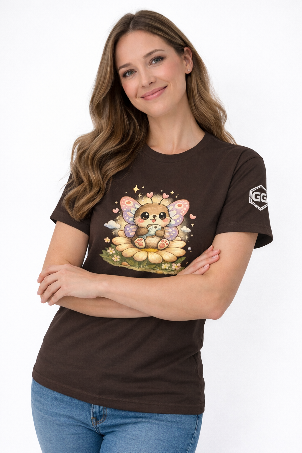 model:3:f | Butterfly & Flowers T-Shirt – Model photo in Dark Chocolate – Woman