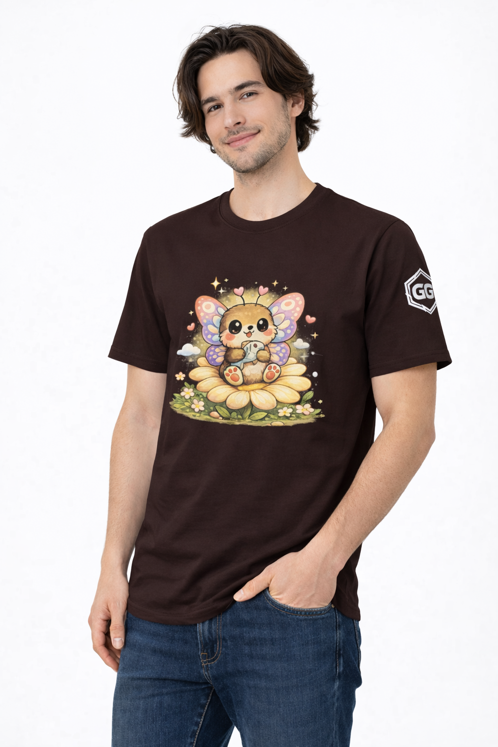 model:3:m | Butterfly & Flowers T-Shirt – Model photo in Dark Chocolate – Man