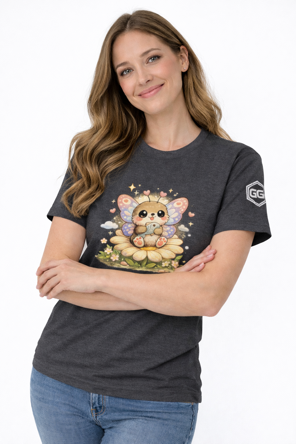 model:6:f | Butterfly & Flowers T-Shirt – Model photo in Dark Heather – Woman