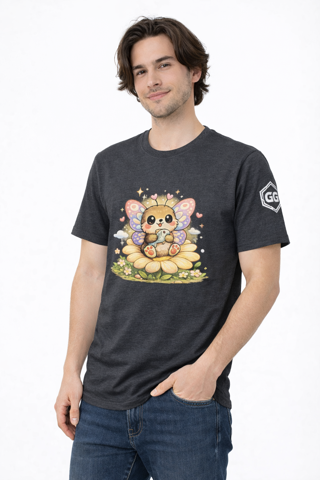 model:6:m | Butterfly & Flowers T-Shirt – Model photo in Dark Heather – Man