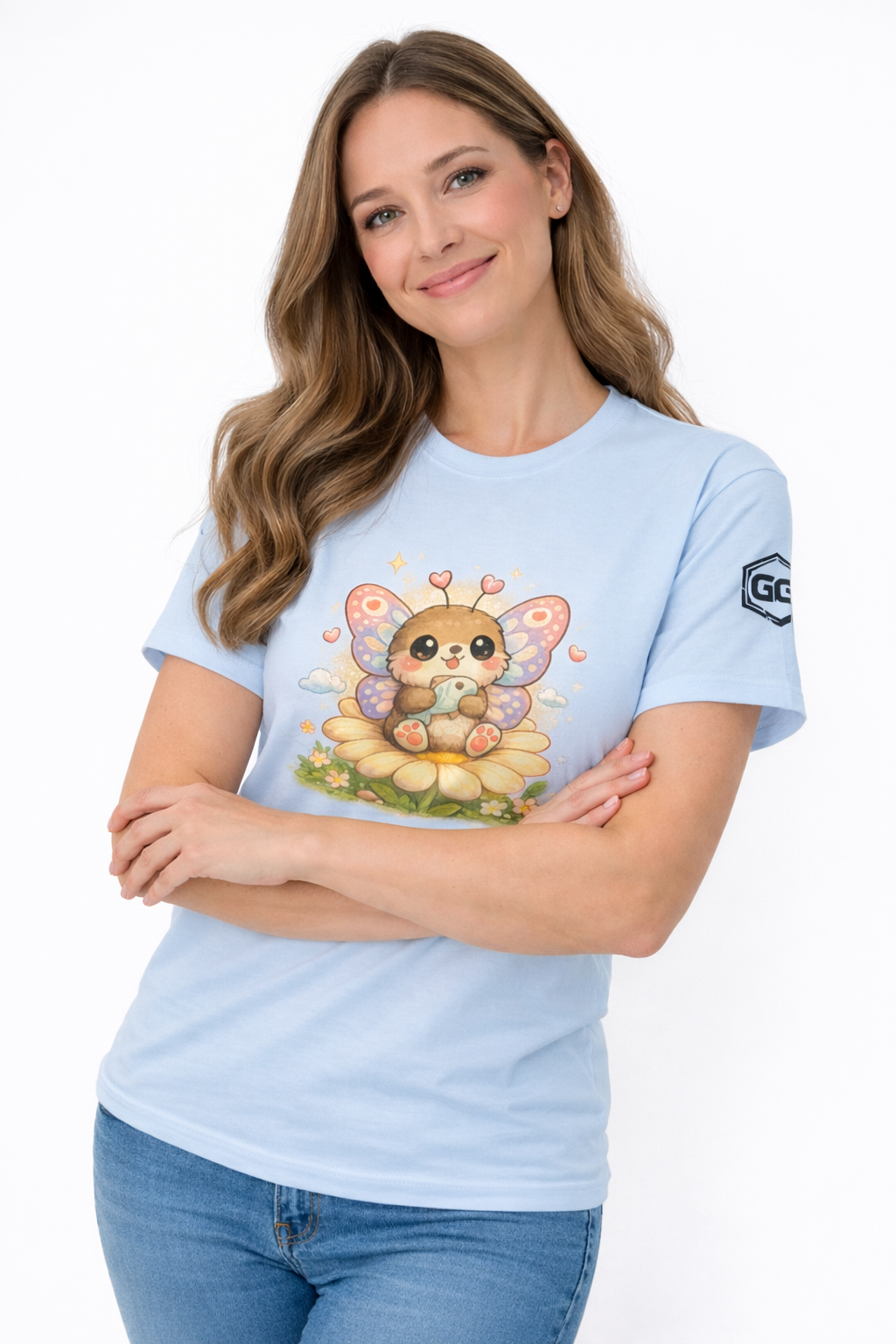 model:7:f | Butterfly & Flowers T-Shirt – Model photo in Light Blue – Woman