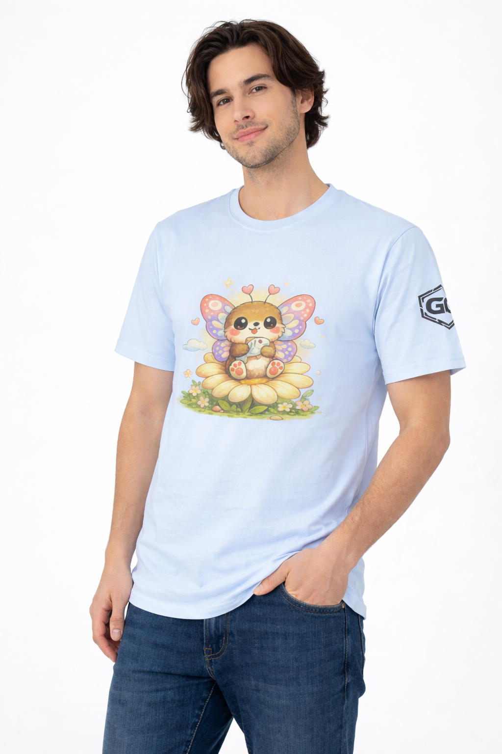 model:7:m | Butterfly & Flowers T-Shirt – Model photo in Light Blue – Man