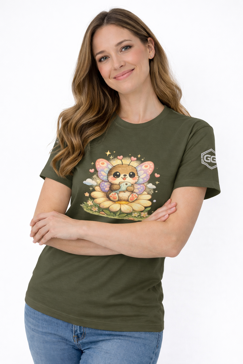 model:5:f | Butterfly & Flowers T-Shirt – Model photo in Military Green – Woman