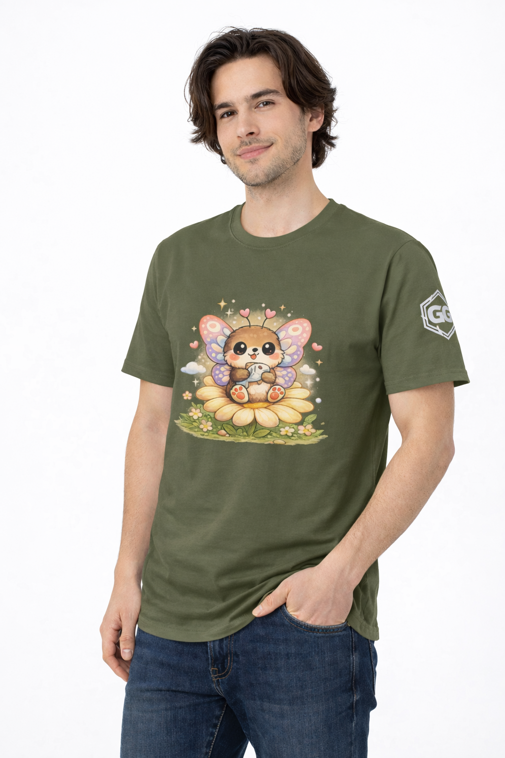 model:5:m | Butterfly & Flowers T-Shirt – Model photo in Military Green – Man