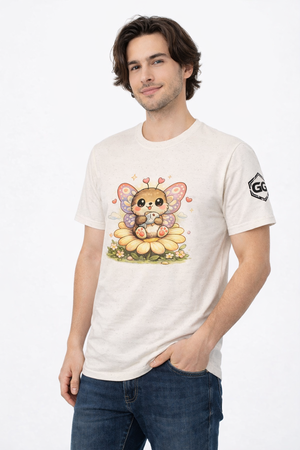 model:4:m | Butterfly & Flowers T-Shirt – Model photo in Natural – Man