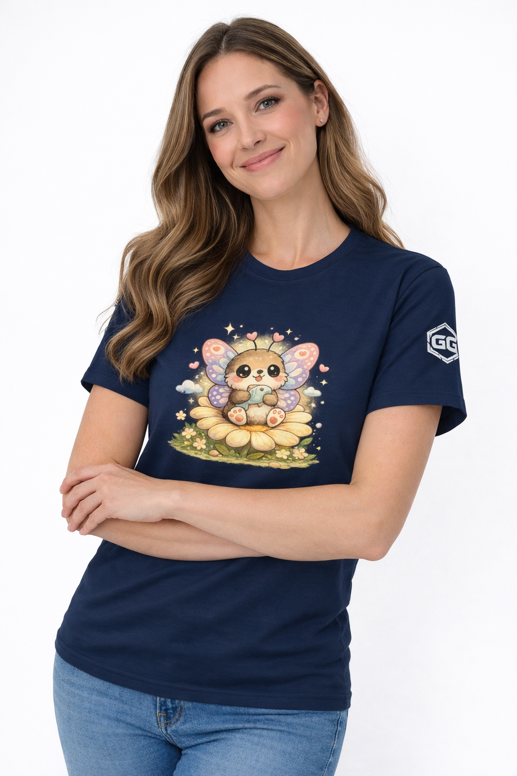 model:9:f | Butterfly & Flowers T-Shirt – Model photo in Navy – Woman