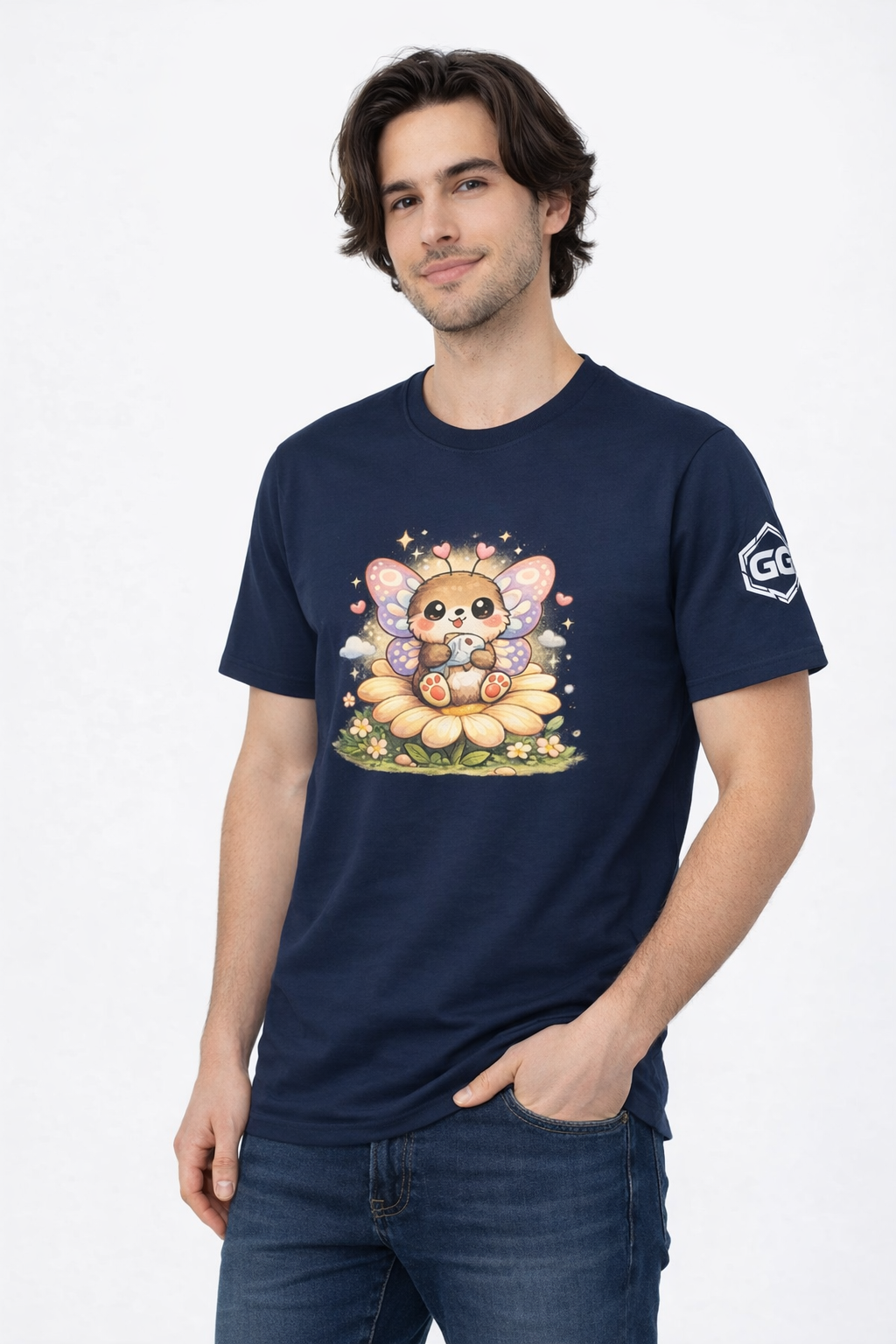 model:9:m | Butterfly & Flowers T-Shirt – Model photo in Navy – Man