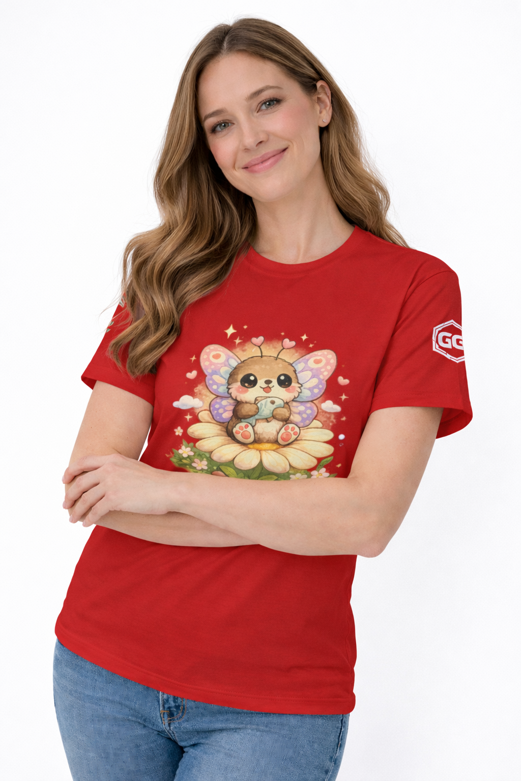 model:10:f | Butterfly & Flowers T-Shirt – Model photo in Red – Woman