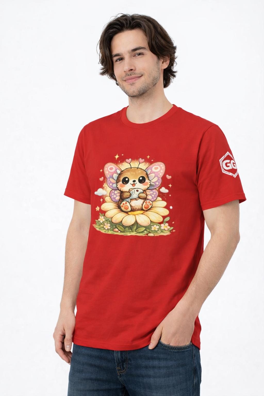 model:10:m | Butterfly & Flowers T-Shirt – Model photo in Red – Man
