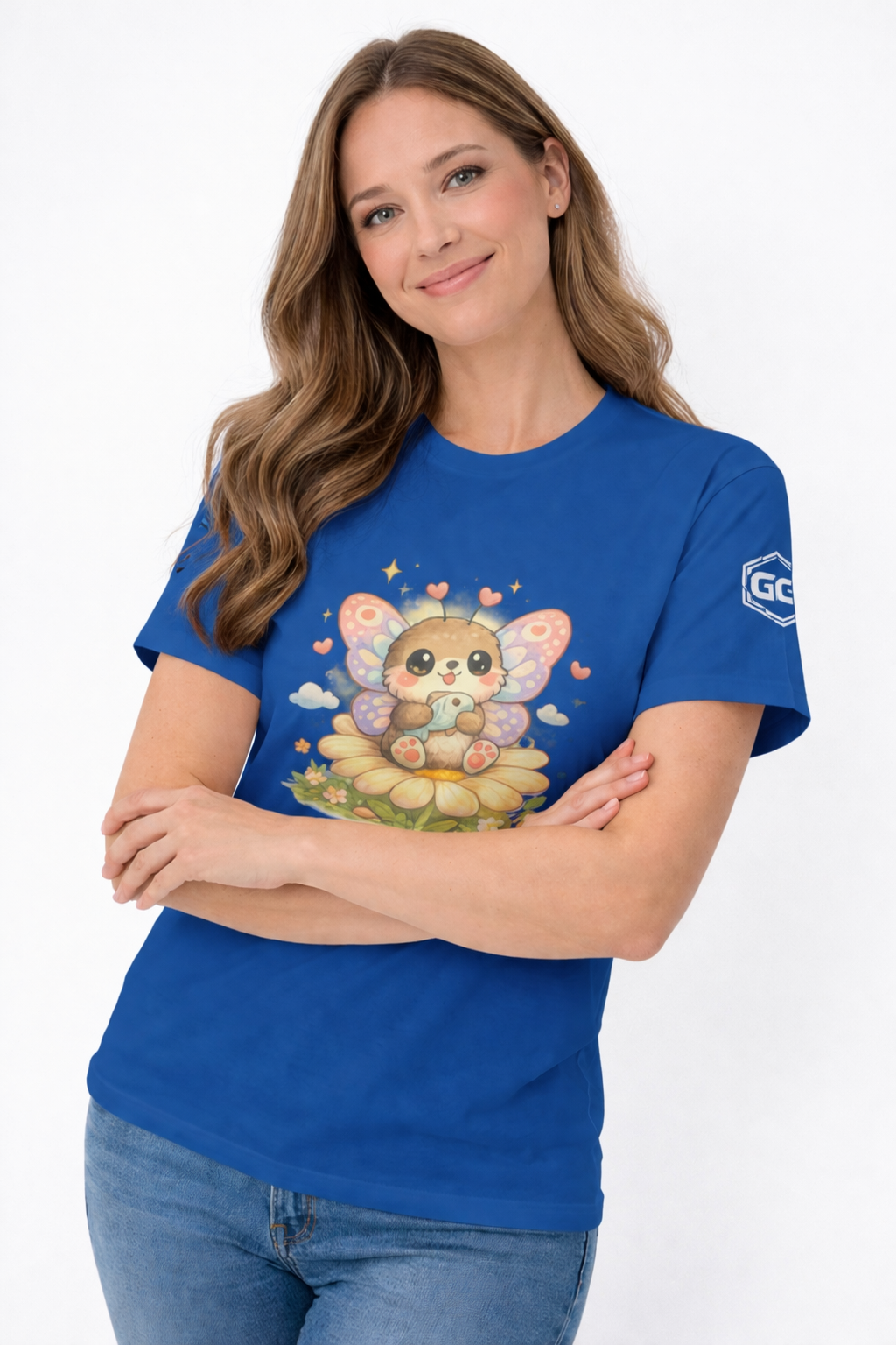 model:8:f | Butterfly & Flowers T-Shirt – Model photo in Royal – Woman