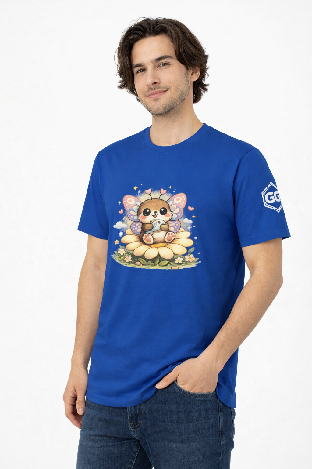model:8:m | Butterfly & Flowers T-Shirt – Model photo in Royal – Man