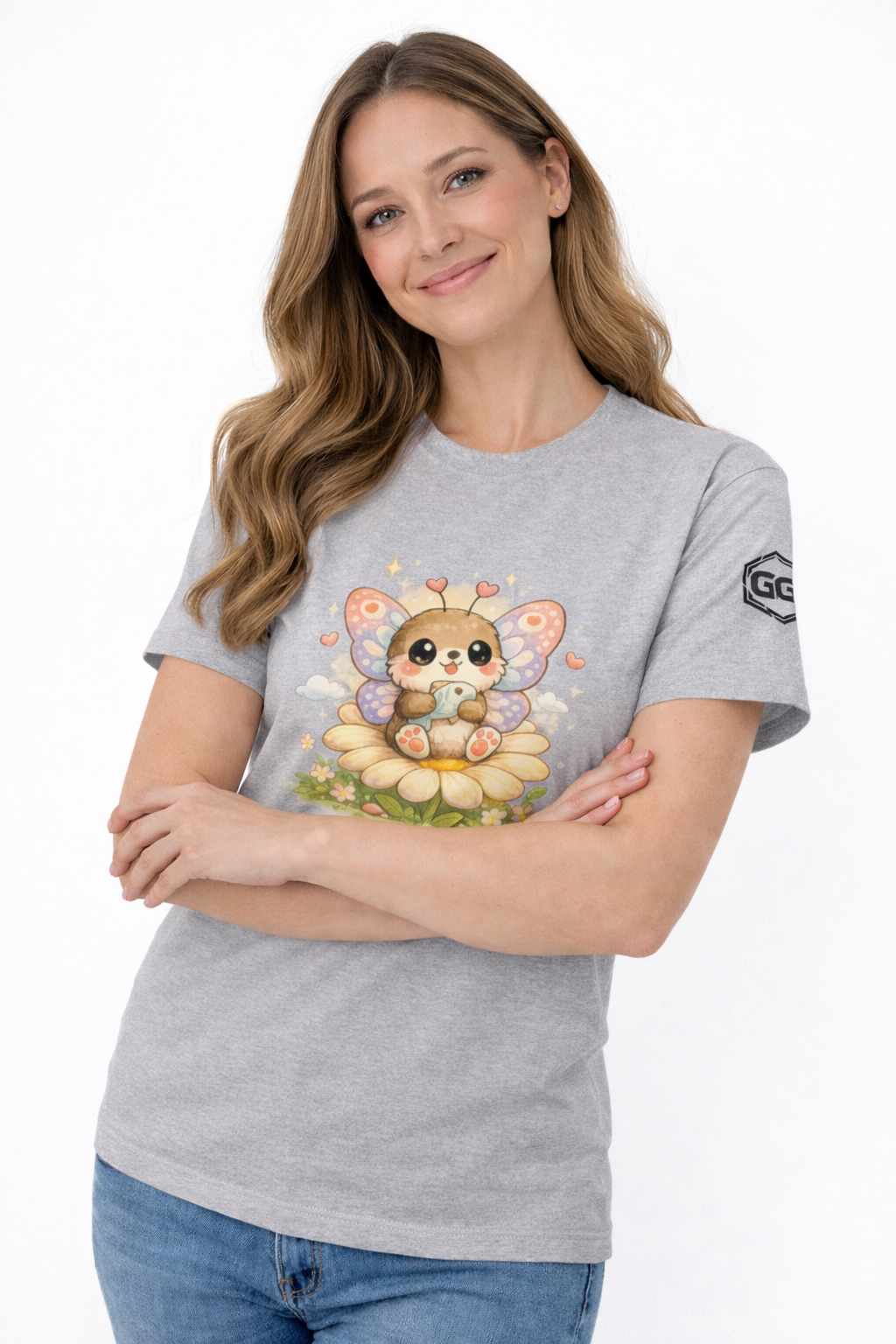 model:2:f | Butterfly & Flowers T-Shirt – Model photo in Sport Grey – Woman