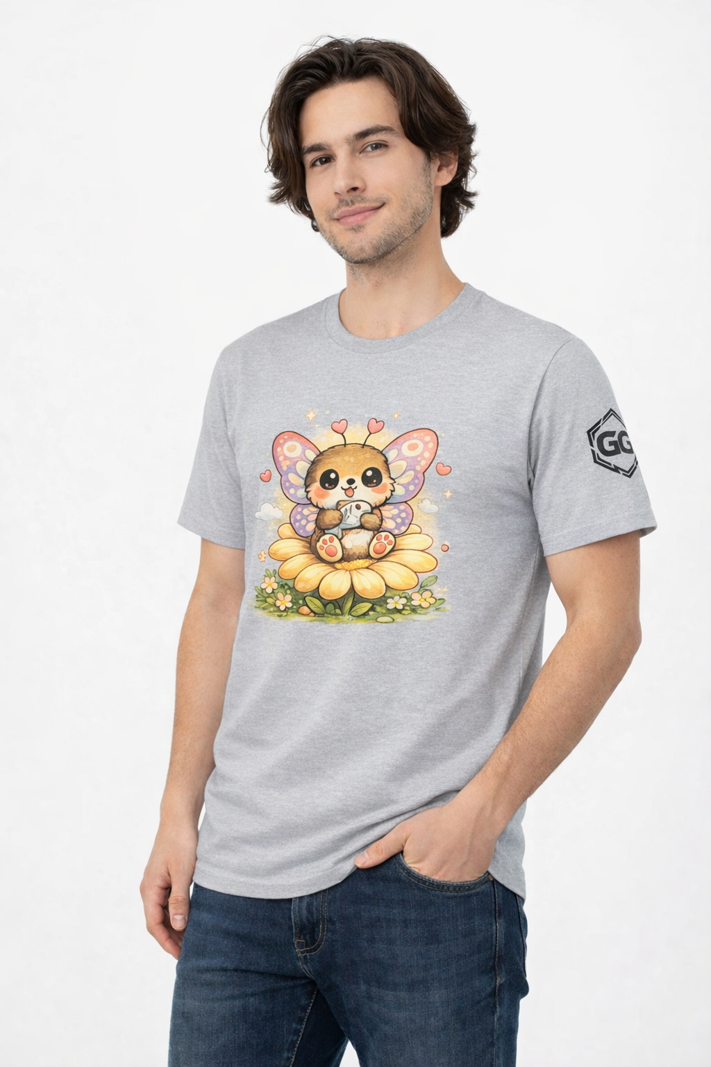 model:2:m | Butterfly & Flowers T-Shirt – Model photo in Sport Grey – Man