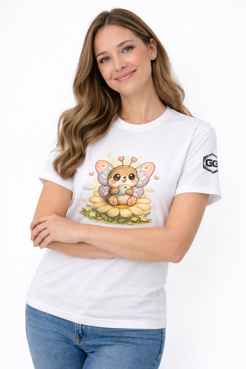 model:0:f | Butterfly & Flowers T-Shirt – Model photo in White – Woman