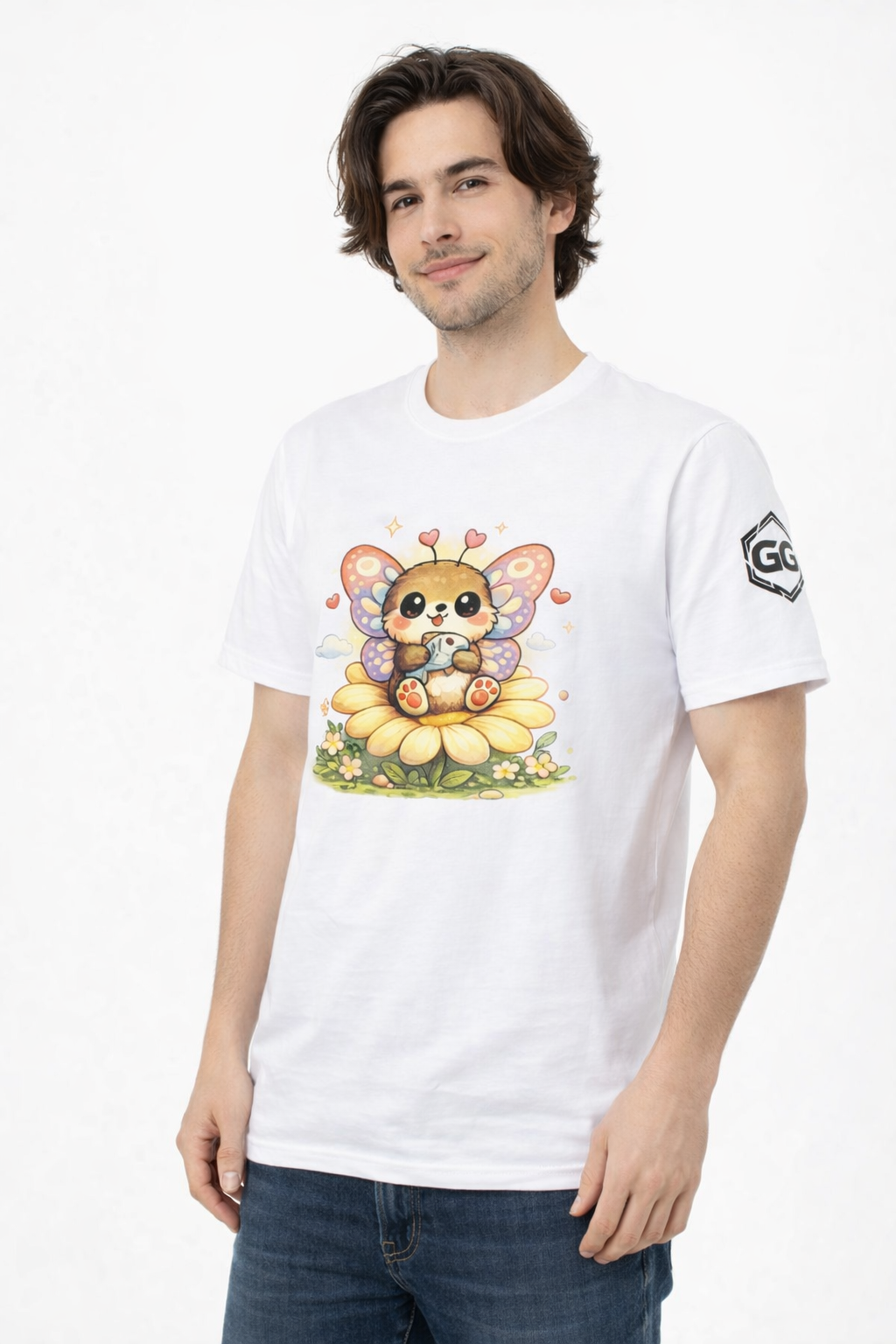 model:0:m | Butterfly & Flowers T-Shirt – Model photo in White – Man