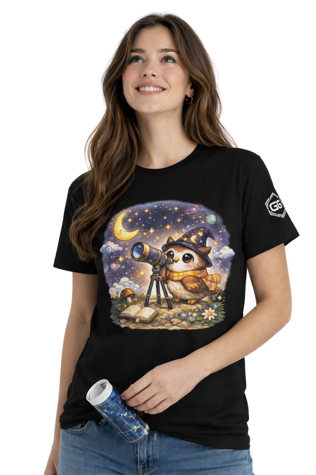 model:1:f | Sterngucker T-Shirt – Modelfoto in Schwarz – Frau