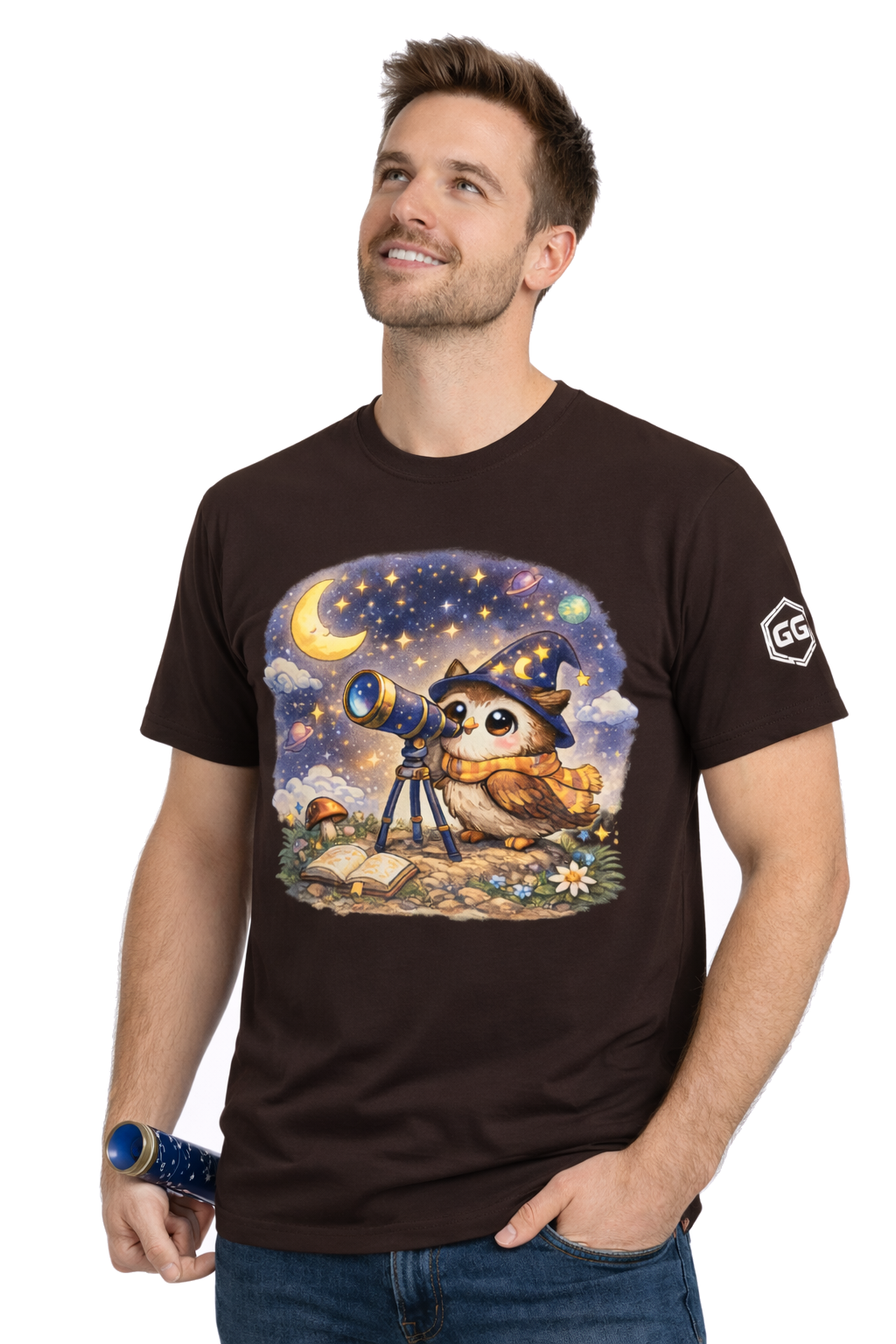 model:3:m | Sterngucker T-Shirt – Modelfoto in Dunkelbraun – Mann