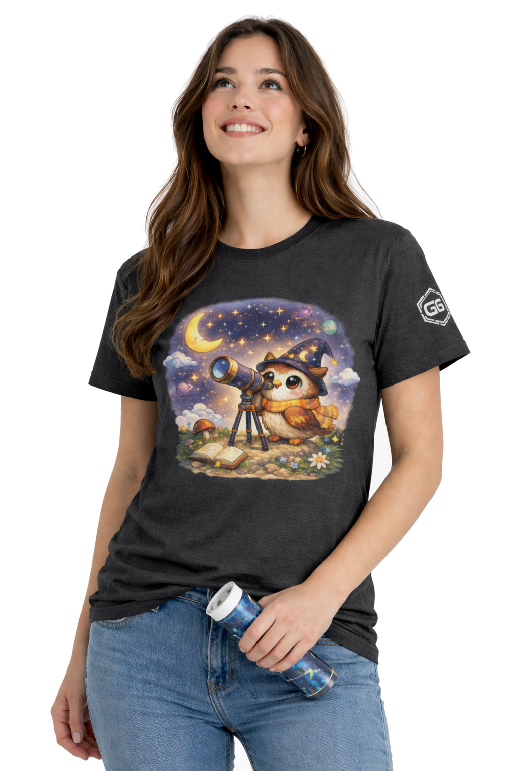 model:6:f | Sterngucker T-Shirt – Modelfoto in Dunkelmeliert – Frau