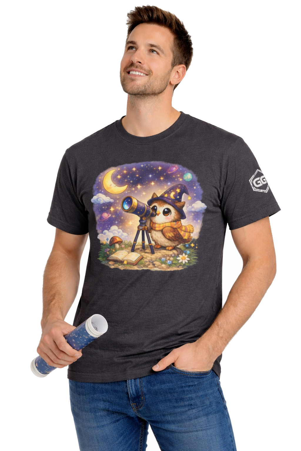 model:6:m | Sterngucker T-Shirt – Modelfoto in Dunkelmeliert – Mann