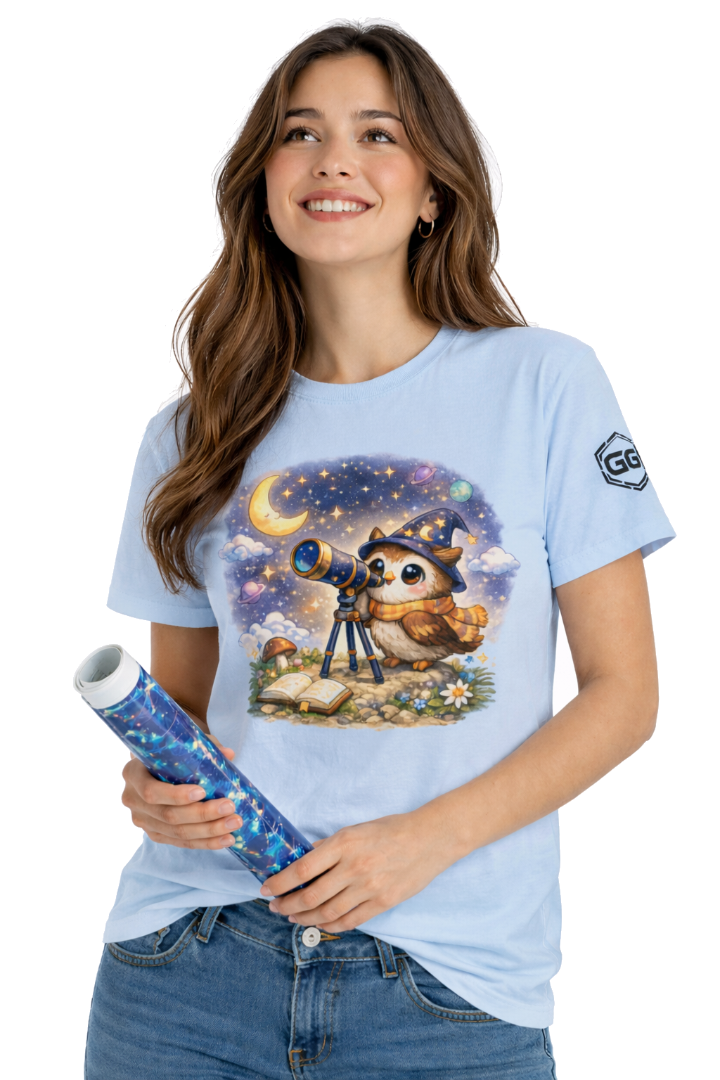 model:7:f | Sterngucker T-Shirt – Modelfoto in Hellblau – Frau