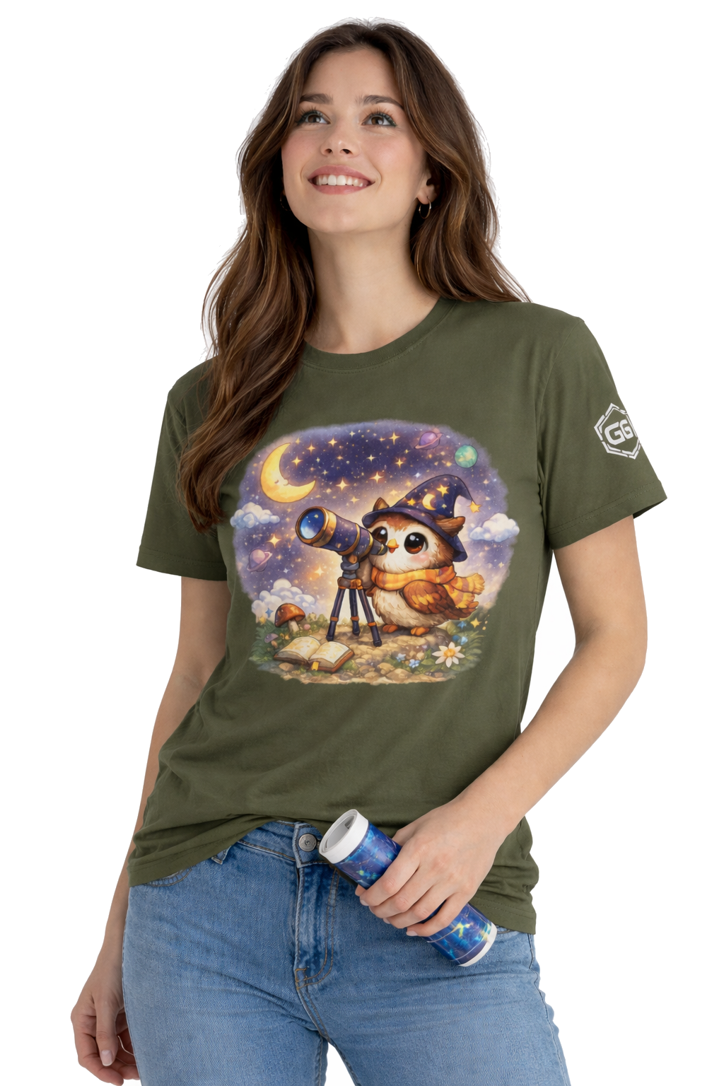 model:5:f | Sterngucker T-Shirt – Modelfoto in Militärgrün – Frau