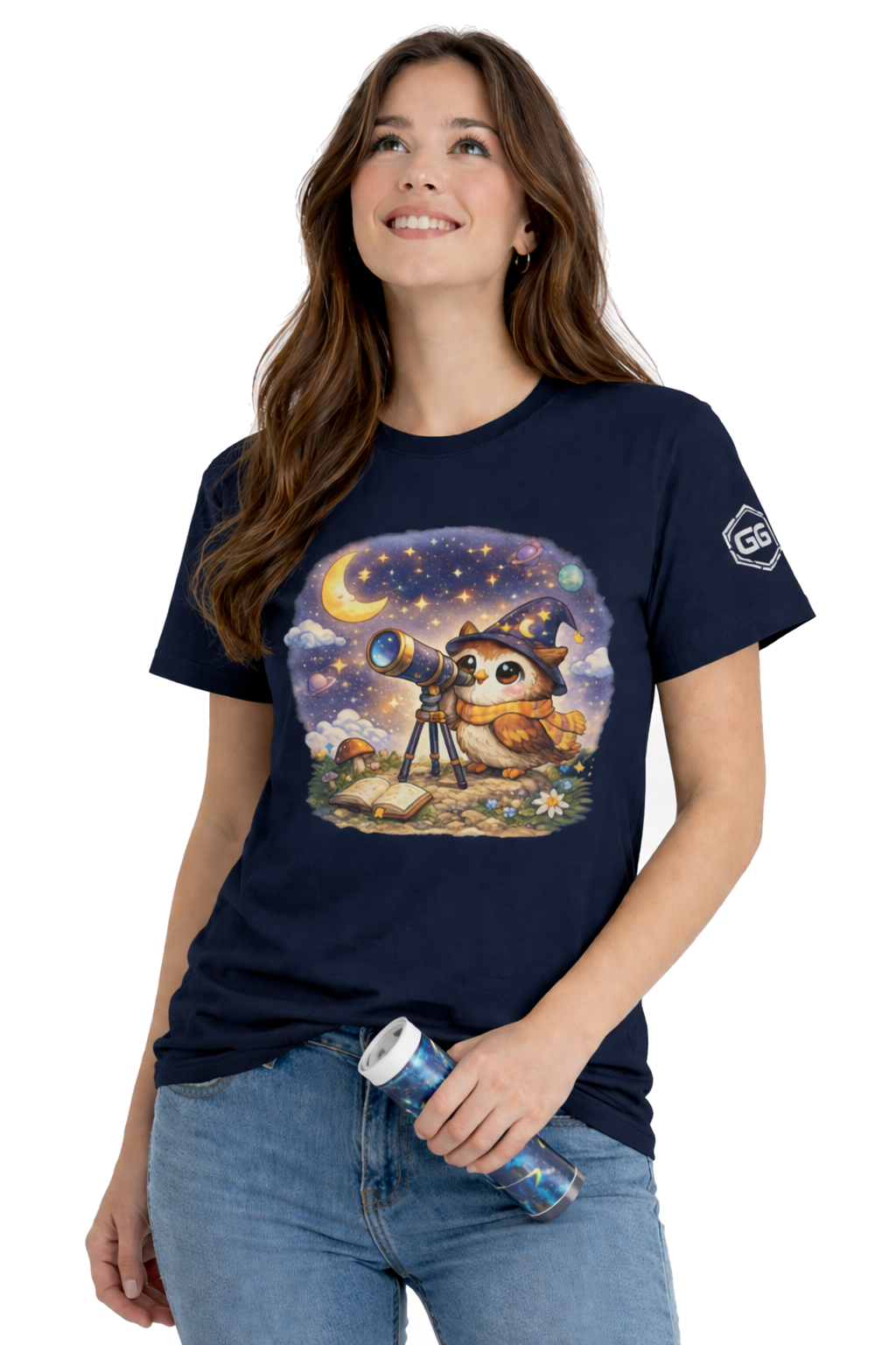 model:9:f | Sterngucker T-Shirt – Modelfoto in Navy – Frau