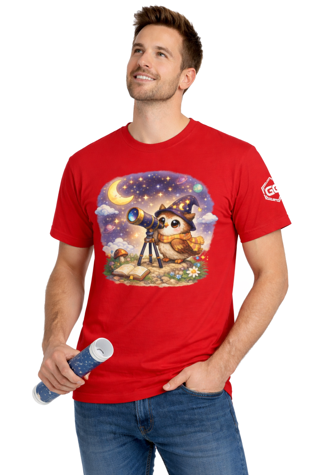 model:10:m | Sterngucker T-Shirt – Modelfoto in Rot – Mann