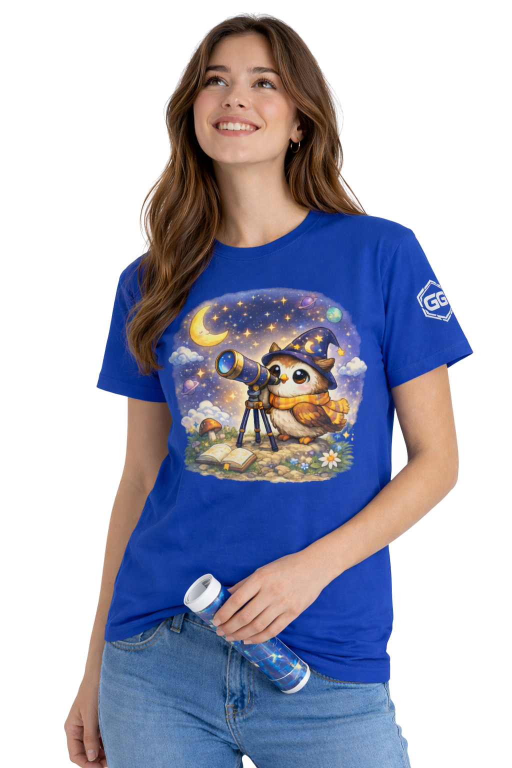 model:8:f | Sterngucker T-Shirt – Modelfoto in Royalblau – Frau