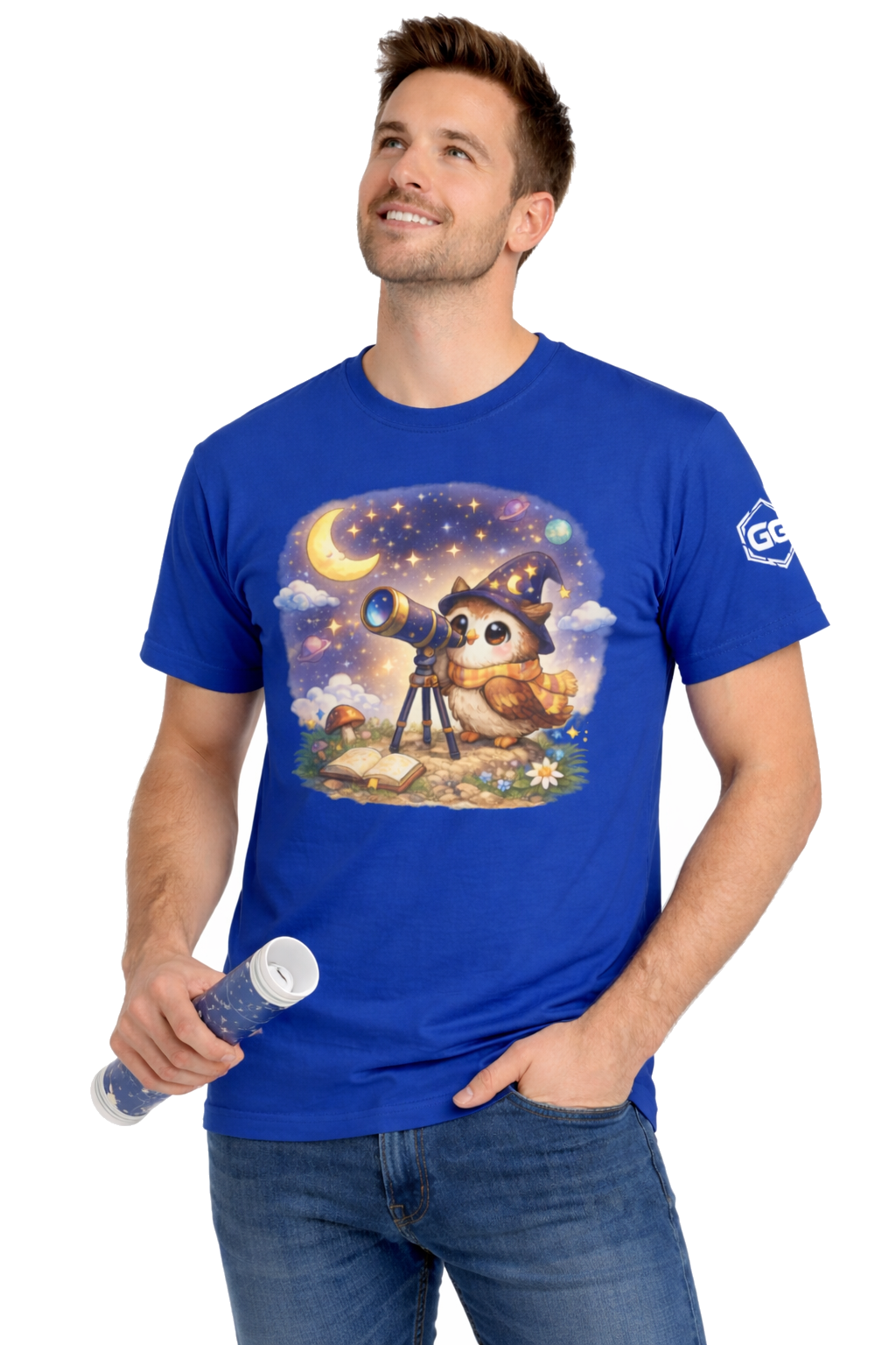 model:8:m | Sterngucker T-Shirt – Modelfoto in Royalblau – Mann