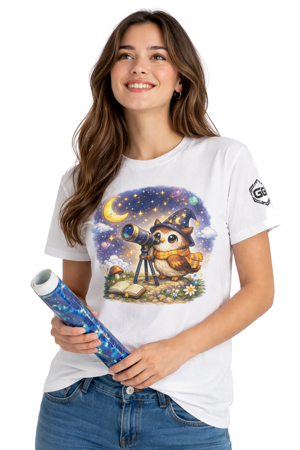 model:0:f | Sterngucker T-Shirt – Modelfoto in Weiß – Frau