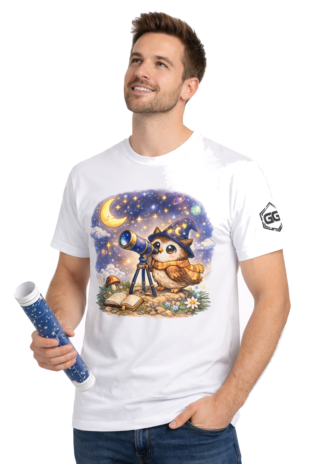 model:0:m | Sterngucker T-Shirt – Modelfoto in Weiß – Mann