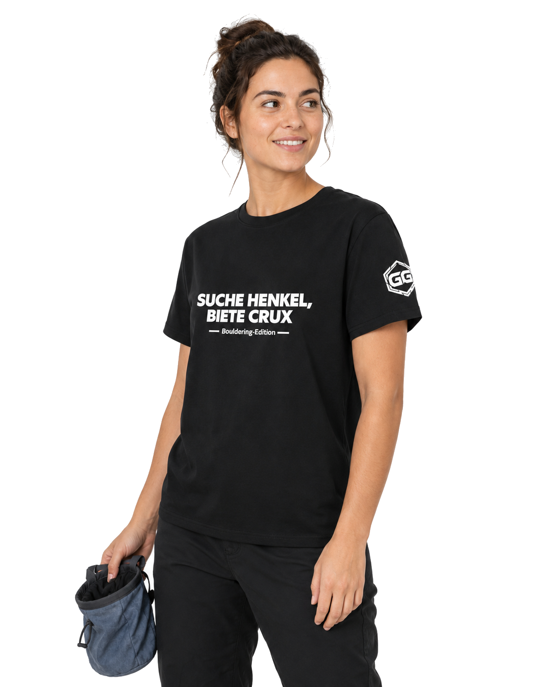 model:1:f | Looking for Jugs, Offering Crux T-Shirt — Bouldering Edition – Model photo in Black – Woman