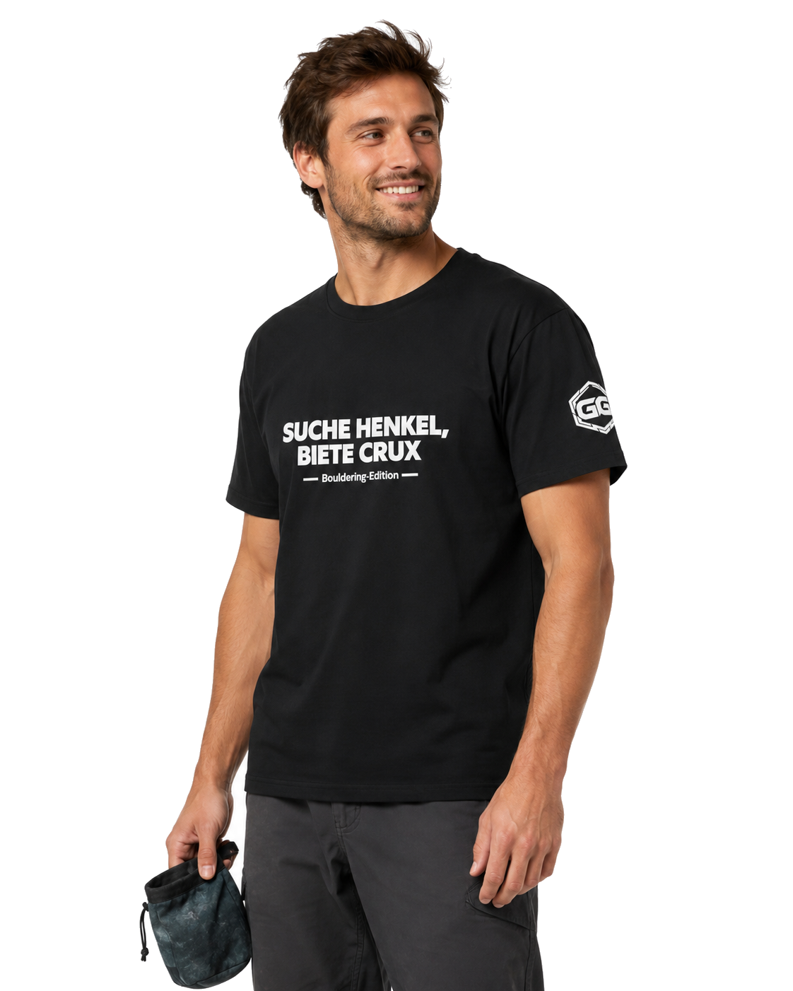 model:1:m | Looking for Jugs, Offering Crux T-Shirt — Bouldering Edition – Model photo in Black – Man