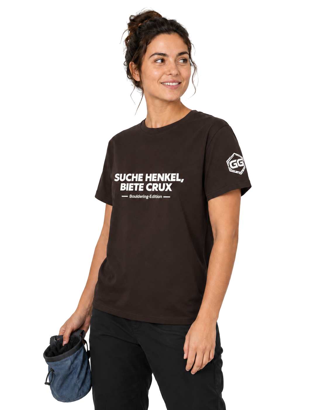 model:3:f | Looking for Jugs, Offering Crux T-Shirt — Bouldering Edition – Model photo in Dark Chocolate – Woman