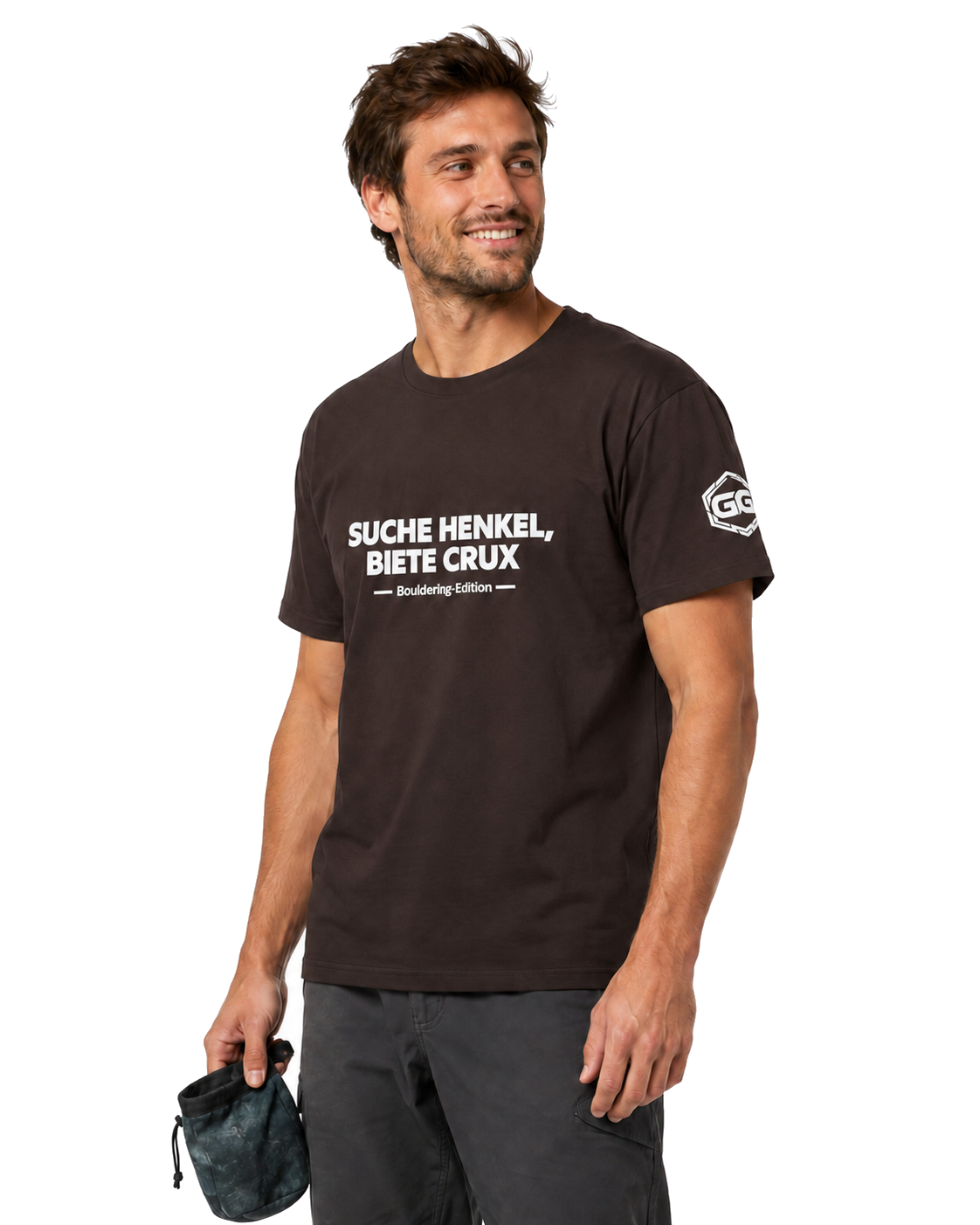 model:3:m | Looking for Jugs, Offering Crux T-Shirt — Bouldering Edition – Model photo in Dark Chocolate – Man