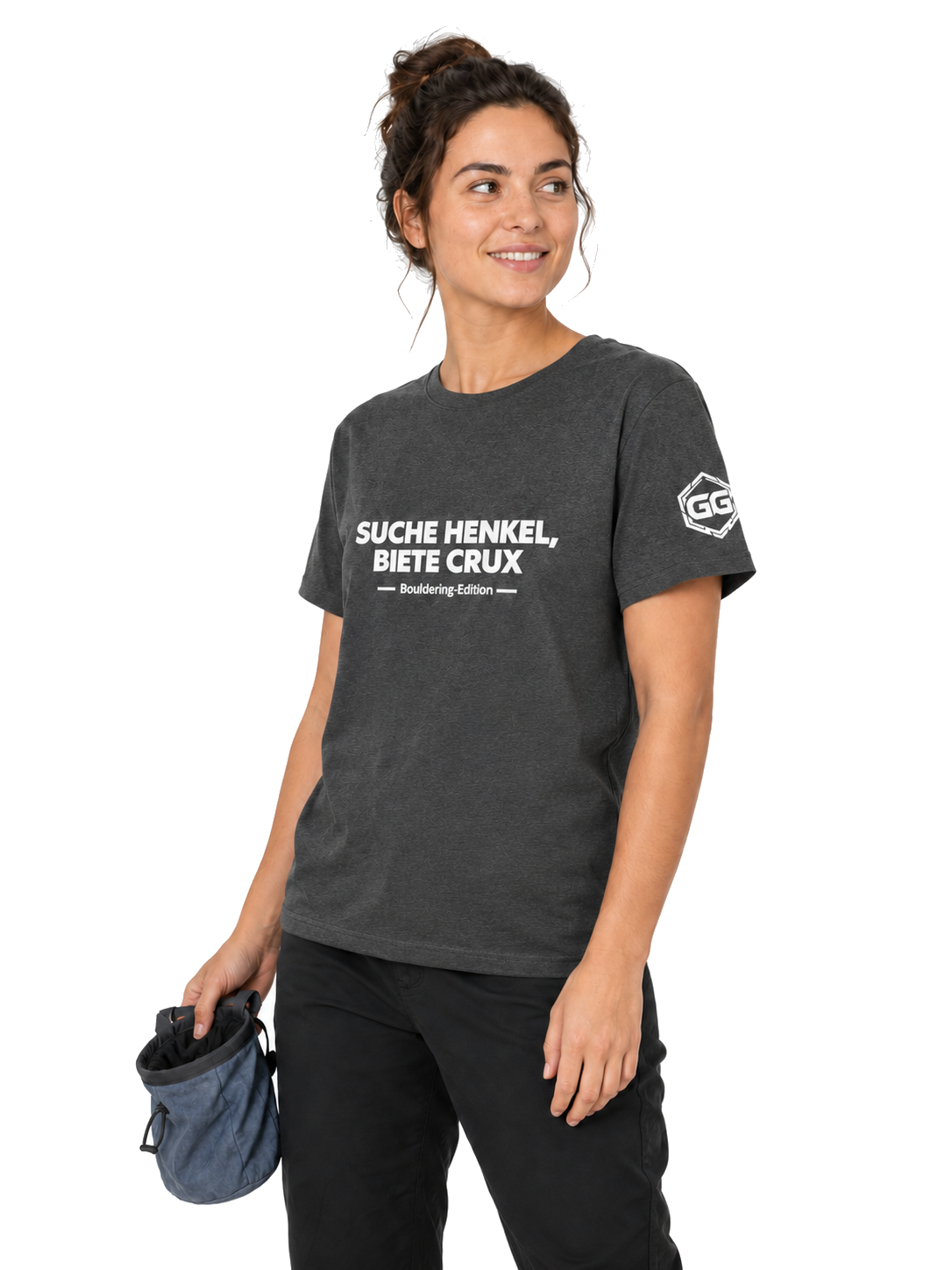 model:6:f | Looking for Jugs, Offering Crux T-Shirt — Bouldering Edition – Model photo in Dark Heather – Woman