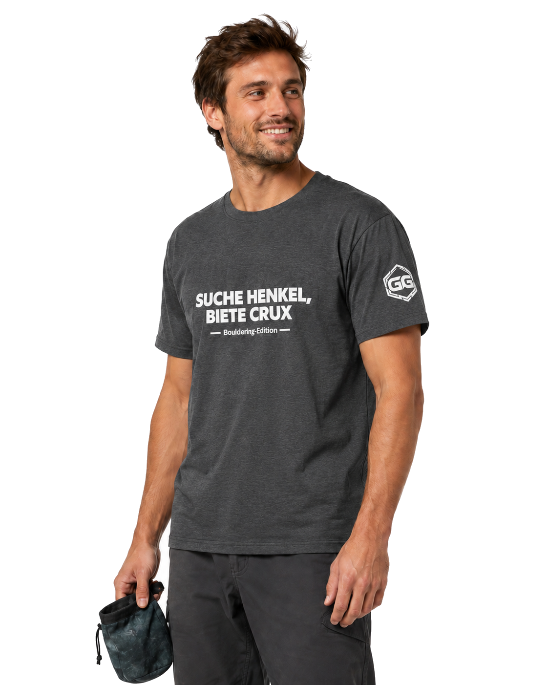 model:6:m | Looking for Jugs, Offering Crux T-Shirt — Bouldering Edition – Model photo in Dark Heather – Man