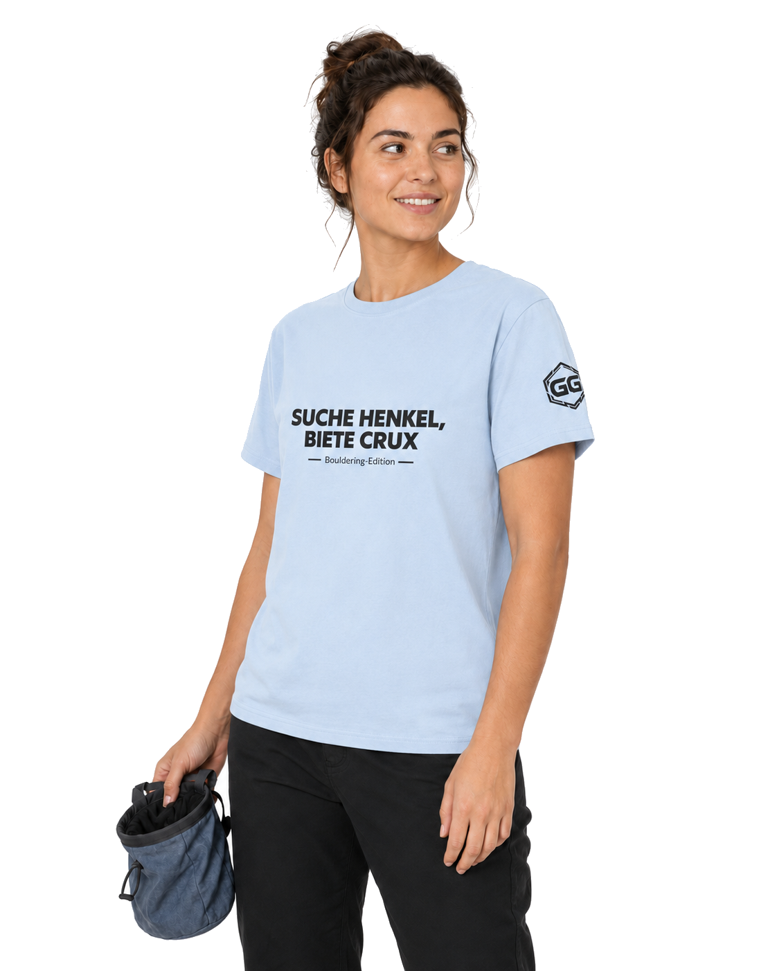 model:7:f | Looking for Jugs, Offering Crux T-Shirt — Bouldering Edition – Model photo in Light Blue – Woman