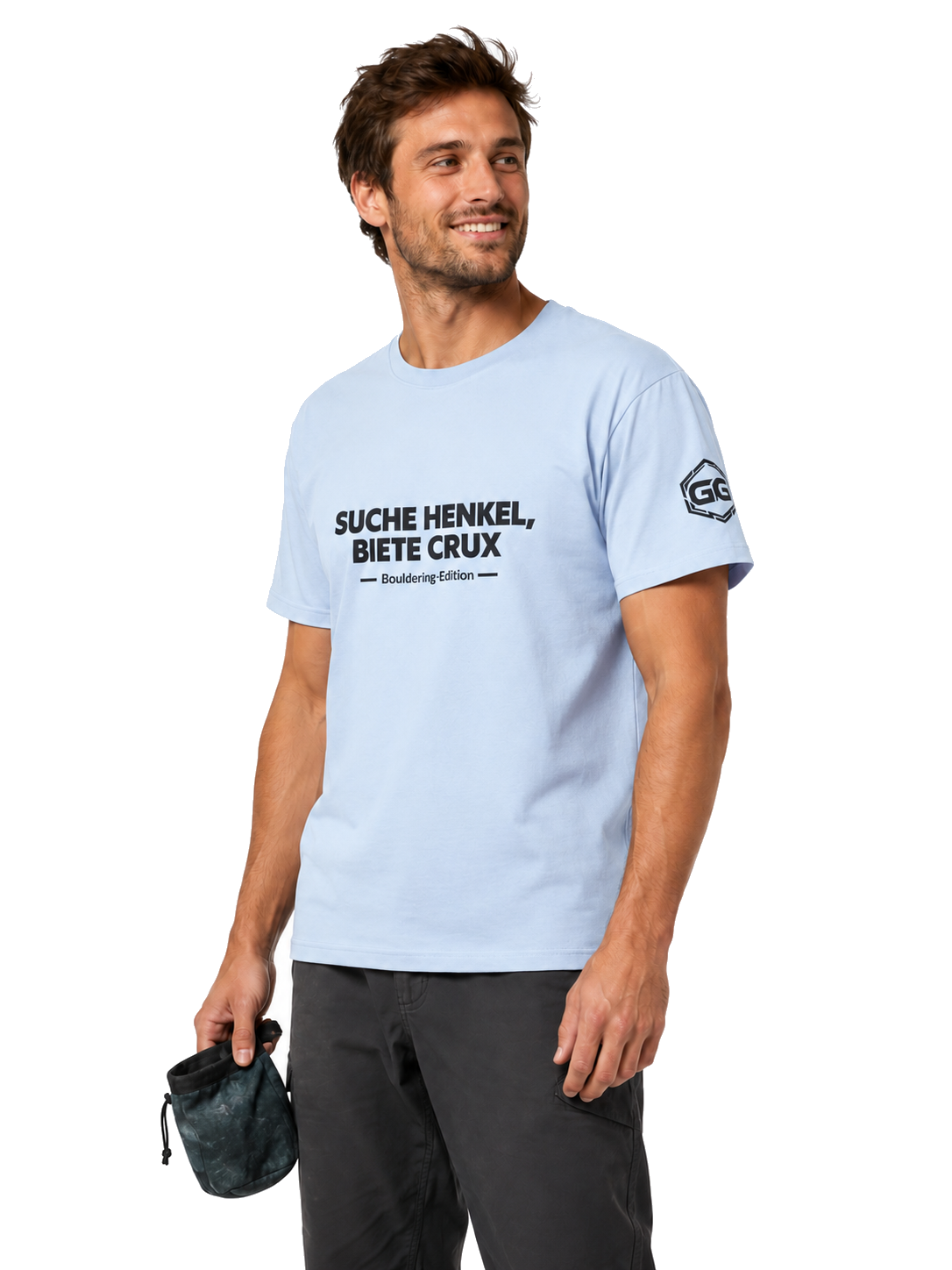 model:7:m | Looking for Jugs, Offering Crux T-Shirt — Bouldering Edition – Model photo in Light Blue – Man