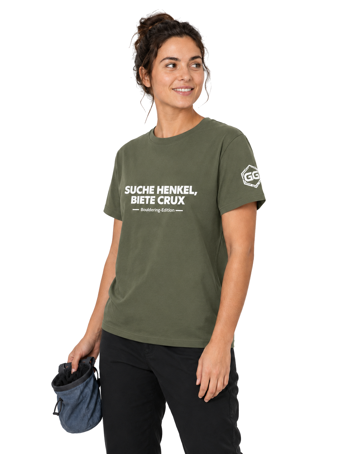 model:5:f | Looking for Jugs, Offering Crux T-Shirt — Bouldering Edition – Model photo in Military Green – Woman