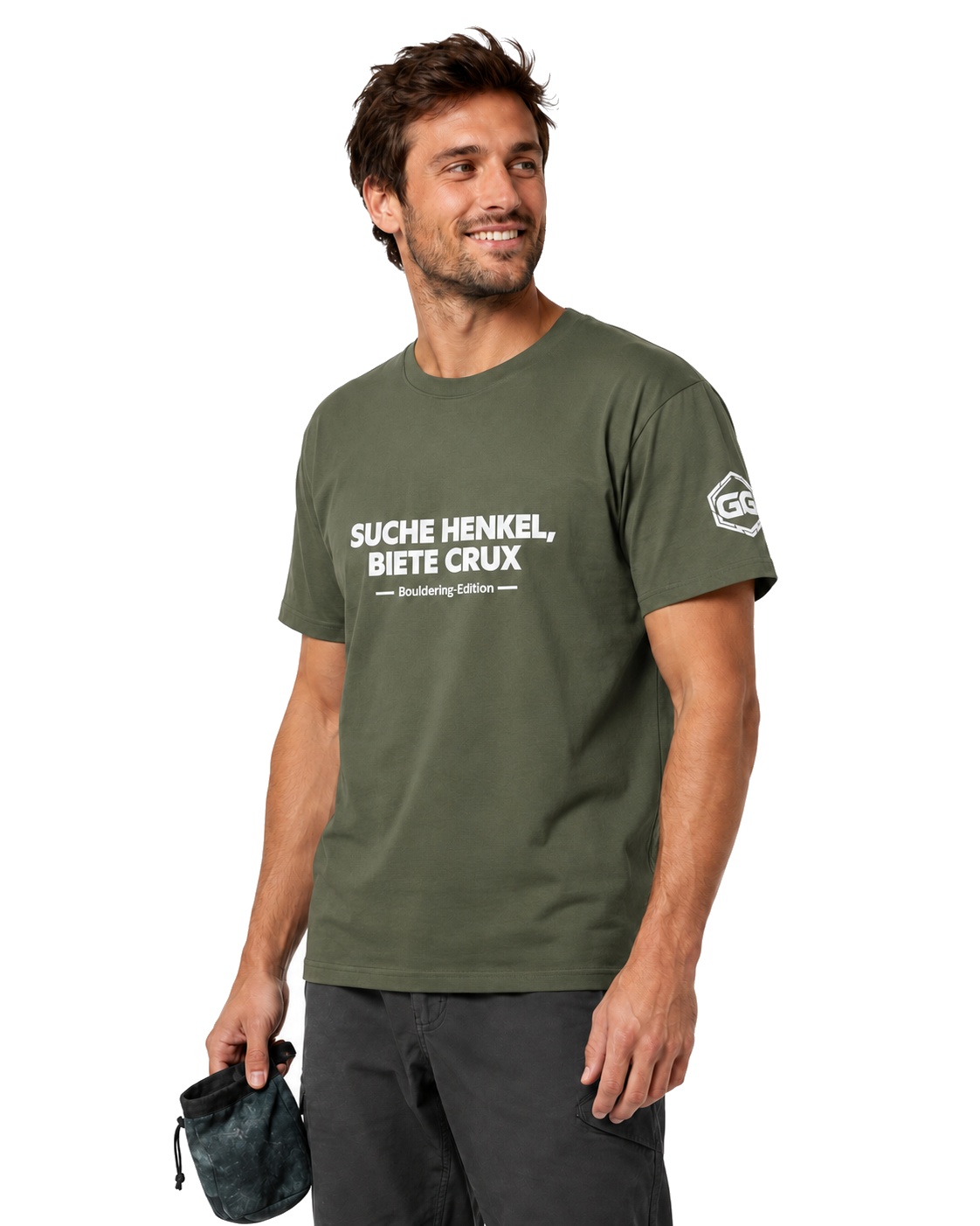 model:5:m | Looking for Jugs, Offering Crux T-Shirt — Bouldering Edition – Model photo in Military Green – Man