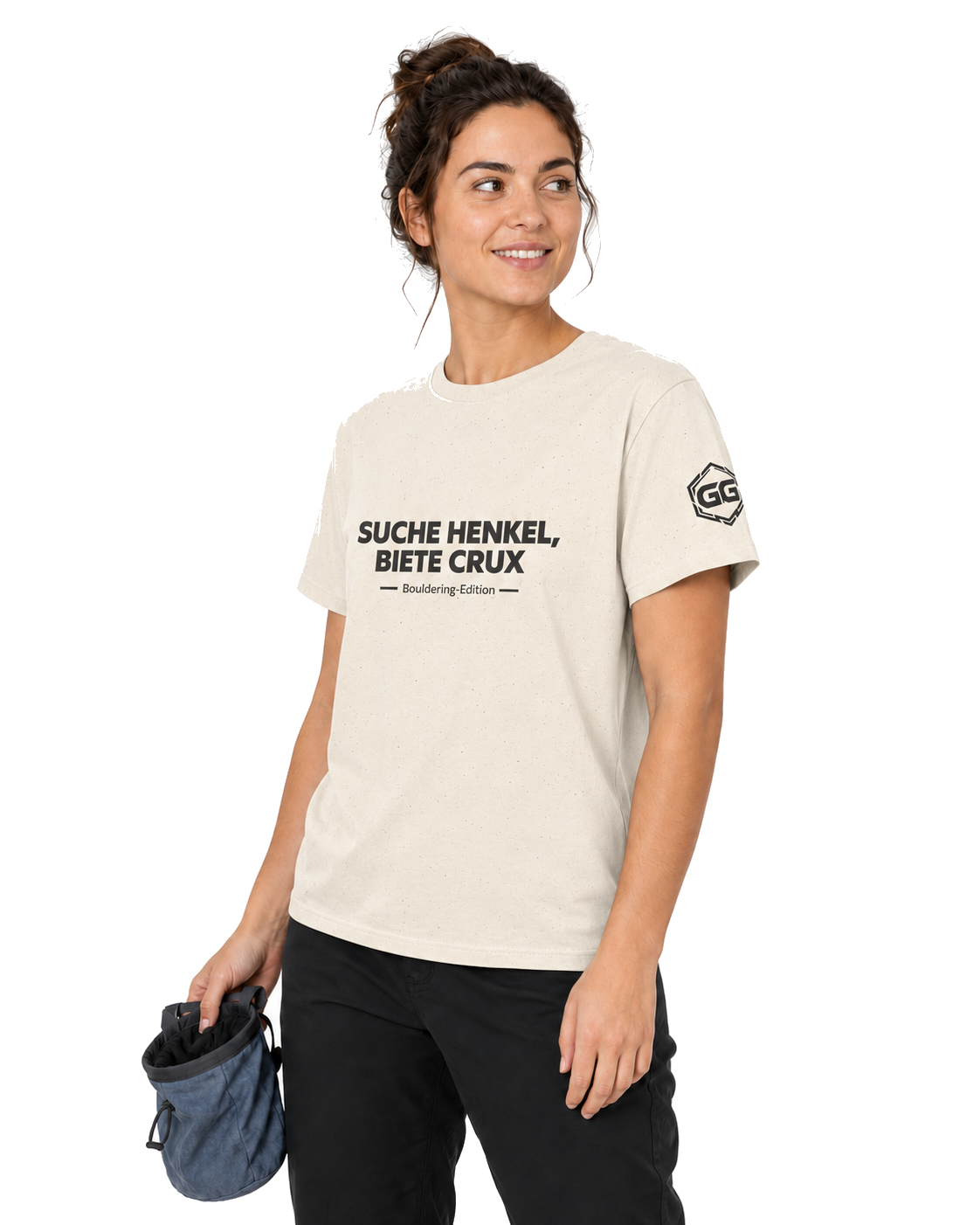 model:4:f | Looking for Jugs, Offering Crux T-Shirt — Bouldering Edition – Model photo in Natural – Woman