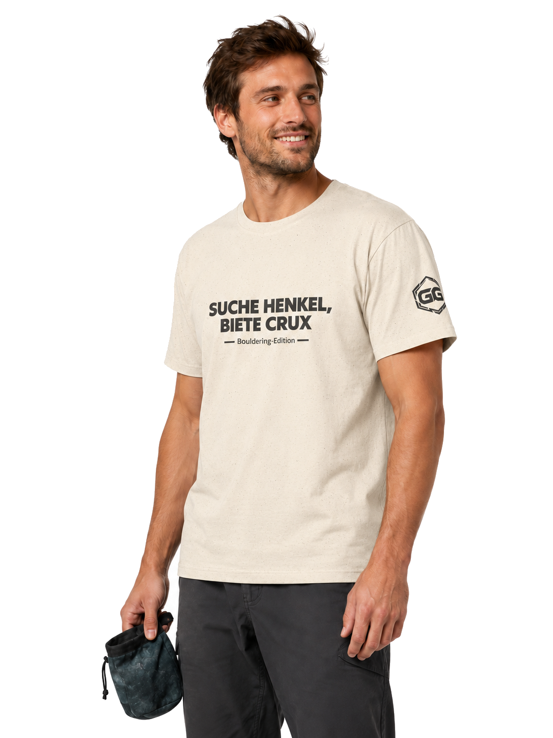 model:4:m | Looking for Jugs, Offering Crux T-Shirt — Bouldering Edition – Model photo in Natural – Man