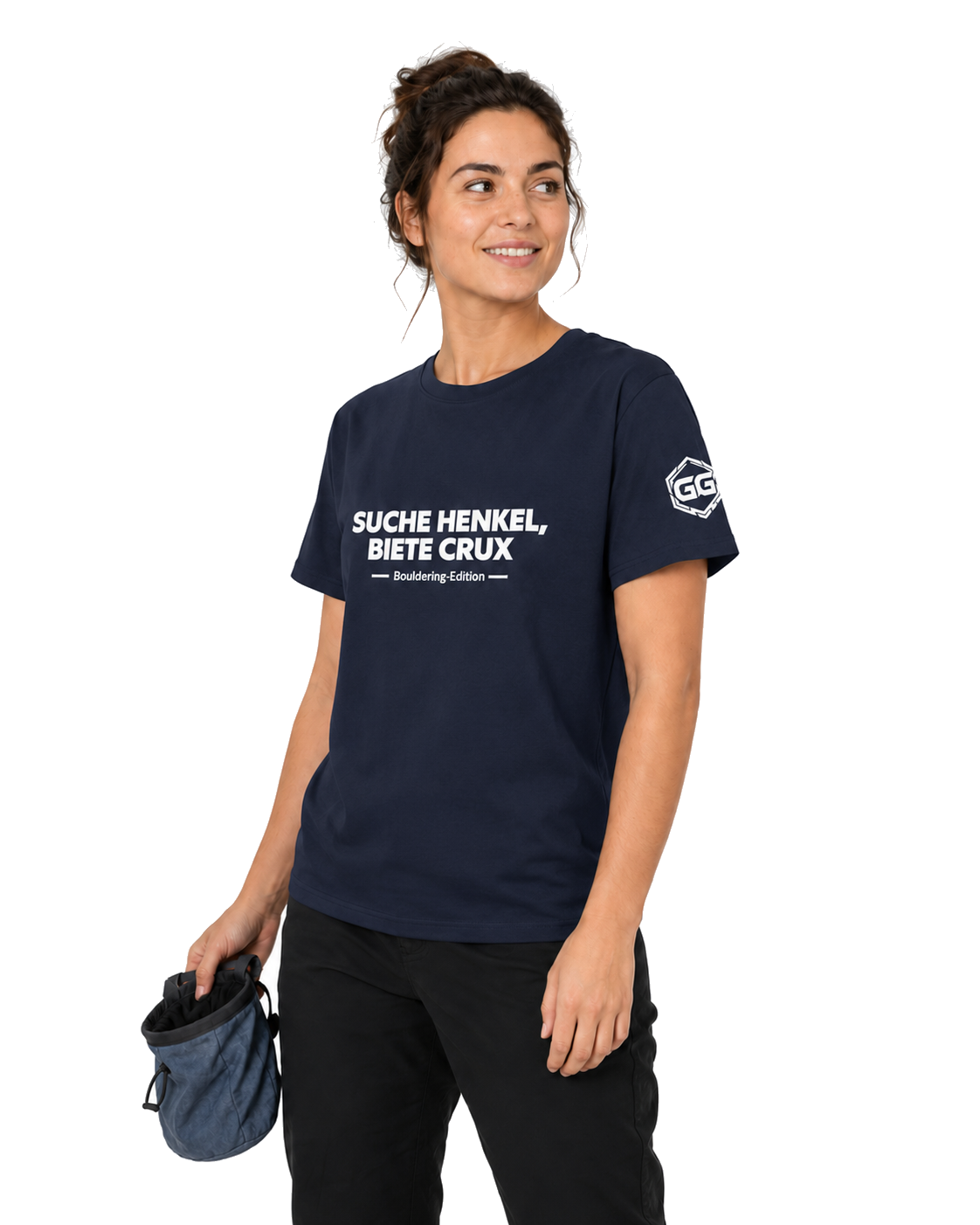 model:9:f | Looking for Jugs, Offering Crux T-Shirt — Bouldering Edition – Model photo in Navy – Woman