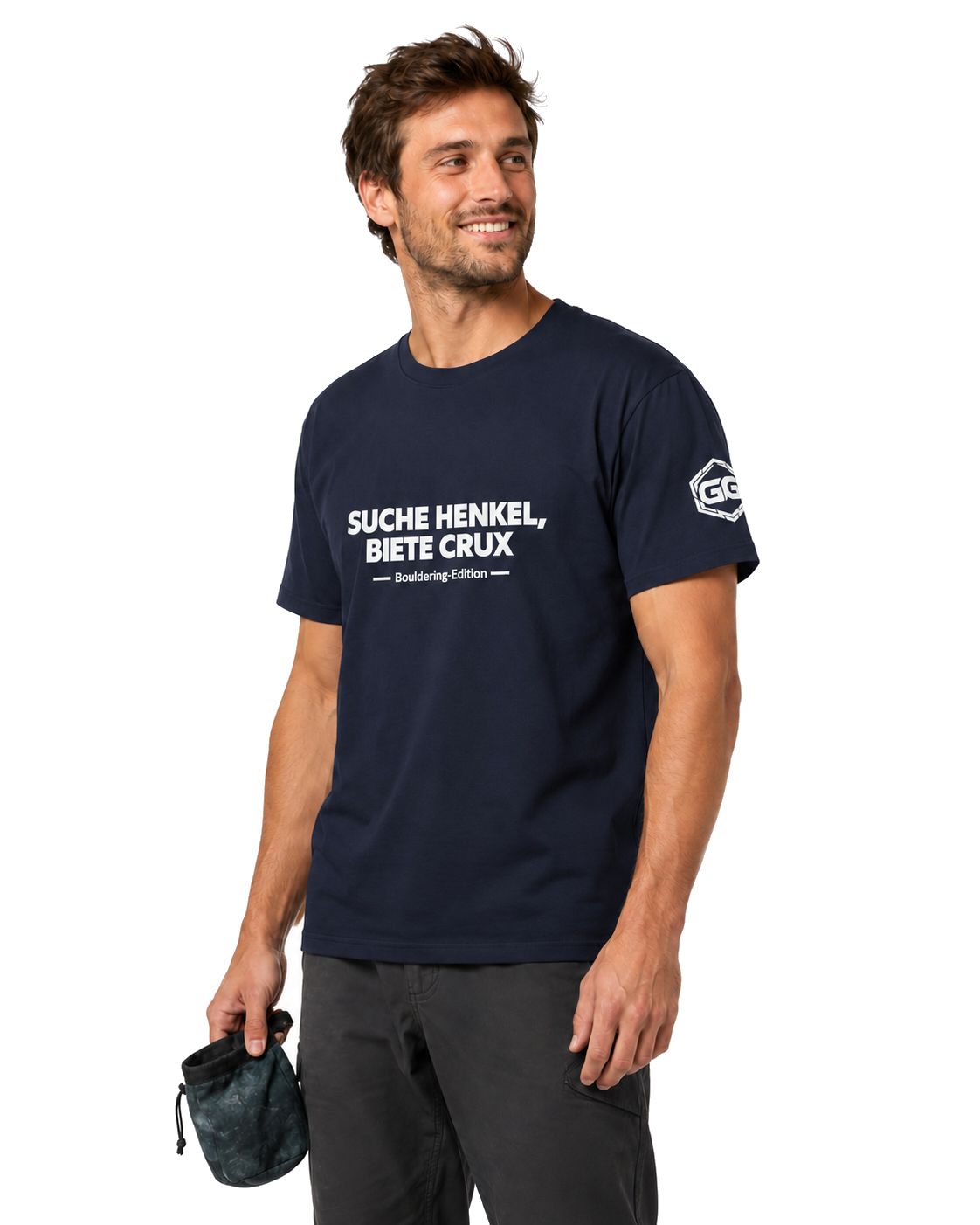 model:9:m | Looking for Jugs, Offering Crux T-Shirt — Bouldering Edition – Model photo in Navy – Man