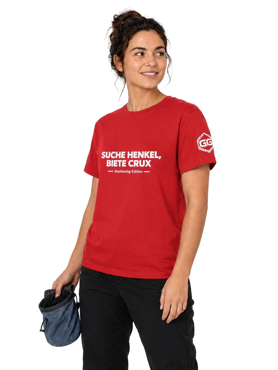 model:10:f | Looking for Jugs, Offering Crux T-Shirt — Bouldering Edition – Model photo in Red – Woman