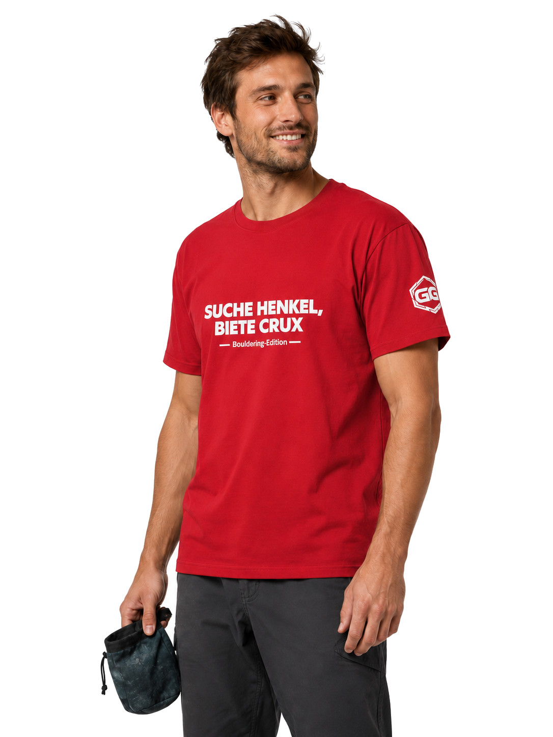 model:10:m | Looking for Jugs, Offering Crux T-Shirt — Bouldering Edition – Model photo in Red – Man