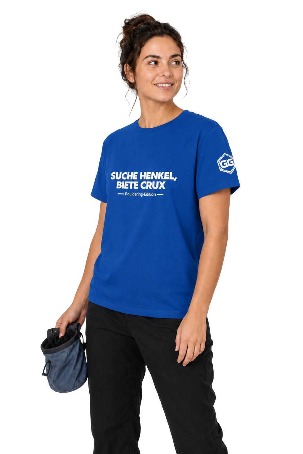 model:8:f | Looking for Jugs, Offering Crux T-Shirt — Bouldering Edition – Model photo in Royal – Woman