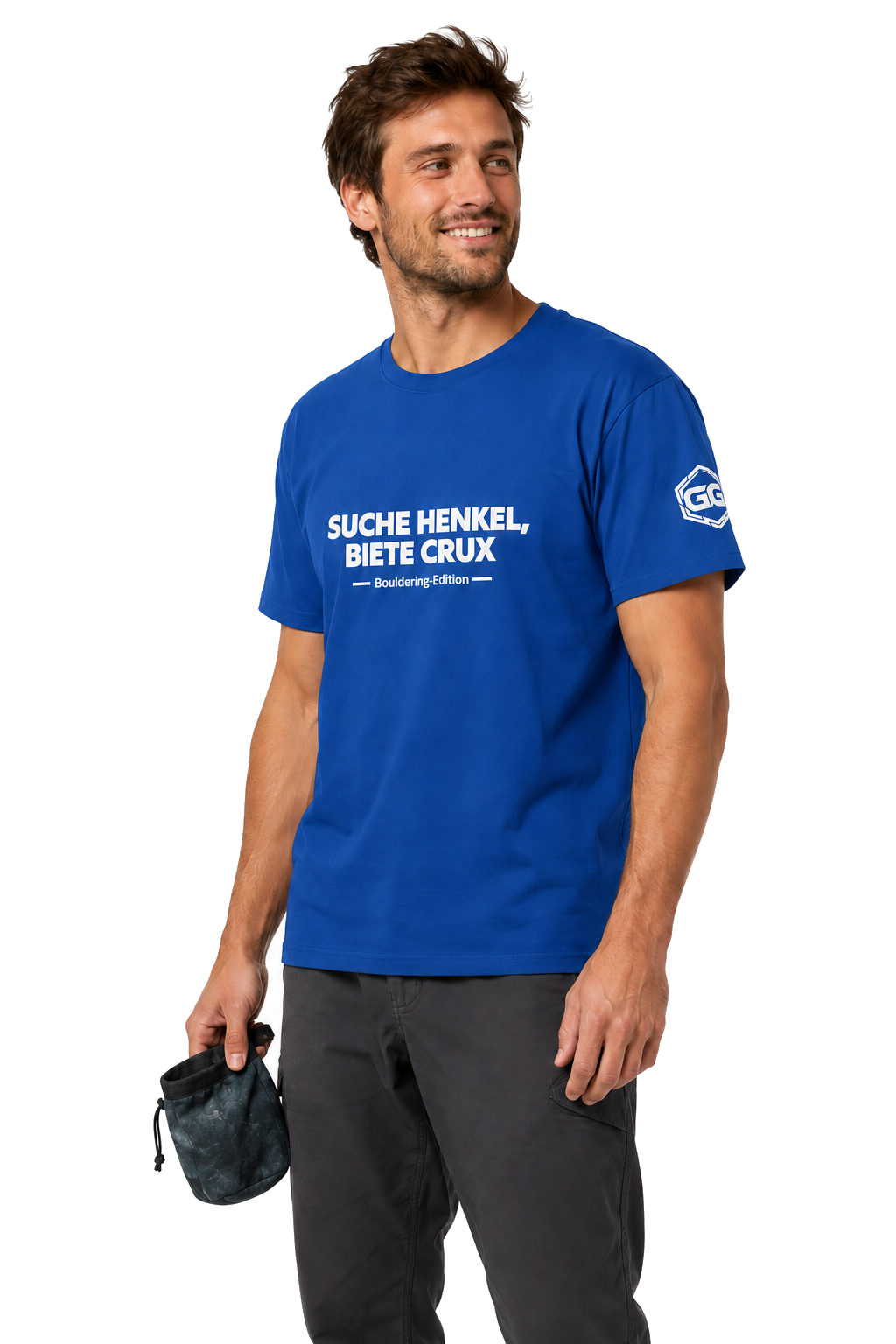 model:8:m | Looking for Jugs, Offering Crux T-Shirt — Bouldering Edition – Model photo in Royal – Man